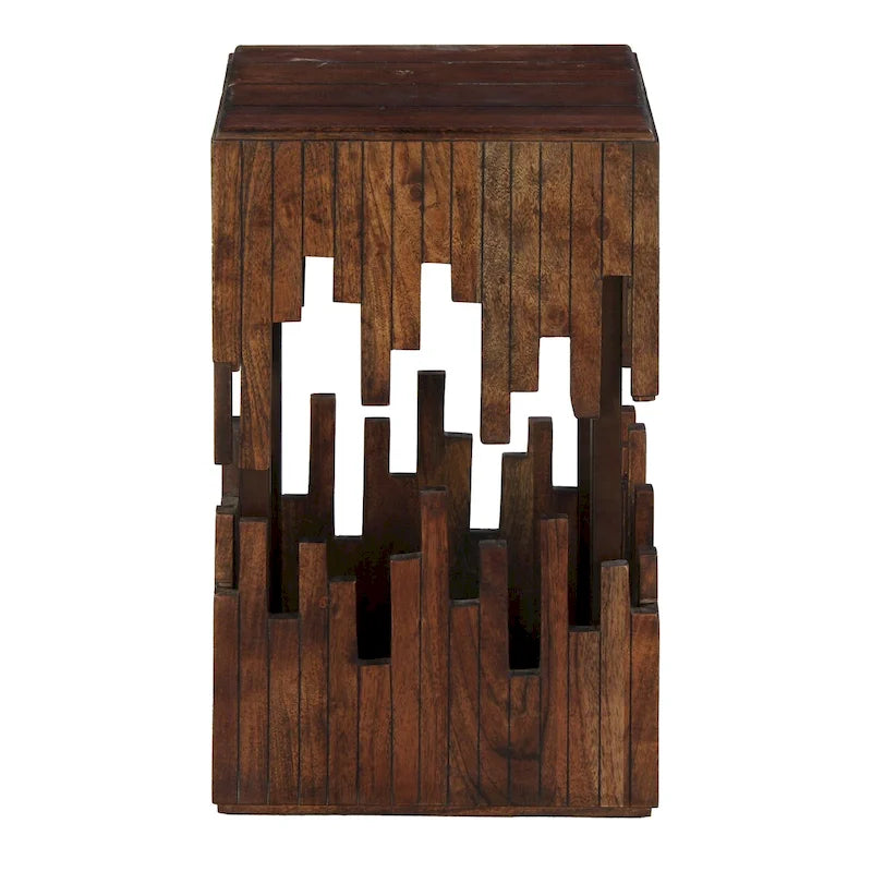 Mesa auxiliar decorativa de 24 pulgadas, madera de acacia marrón, superficie cuadrada de listones, silueta abstracta artesanal, hierro negro
