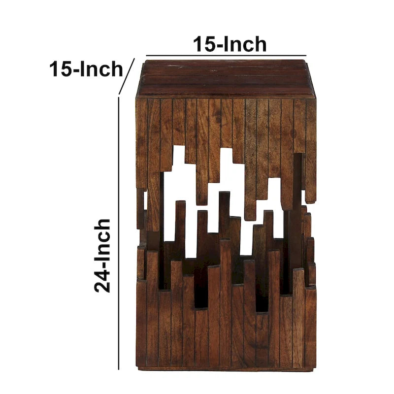 24-Zoll-Beistelltisch, braunes Akazienholz, quadratische Lamellenplatte, handgefertigte abstrakte Silhouette, schwarzes Eisen