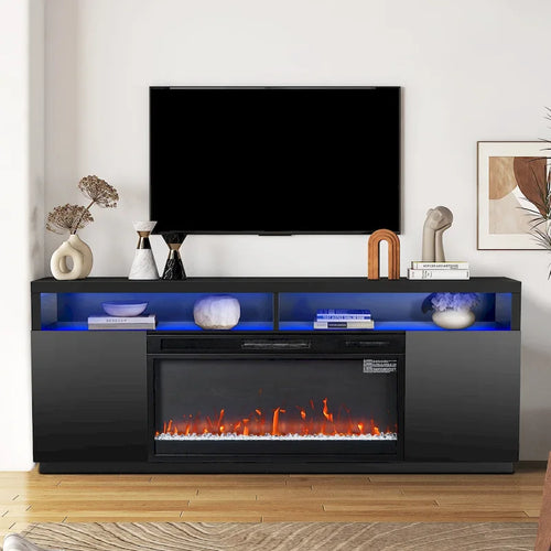 Mobile TV con camino elettrico RGB nero moderno da 68, consolle per TV fino a 72 pollici