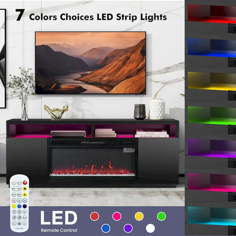 Consola para TV con chimenea eléctrica RGB negra moderna de 68 para televisores de hasta 72 pulgadas