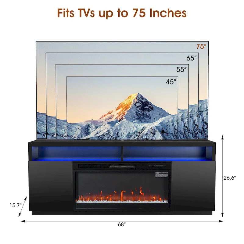 Consola para TV con chimenea eléctrica RGB negra moderna de 68 para televisores de hasta 72 pulgadas