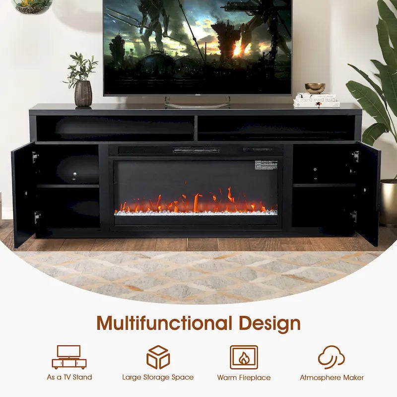 Meuble TV cheminée électrique RGB noir moderne de 68, console pour téléviseurs jusqu’à 72 pouces