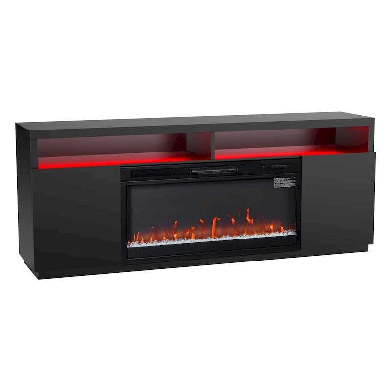 Meuble TV cheminée électrique RGB noir moderne de 68, console pour téléviseurs jusqu’à 72 pouces