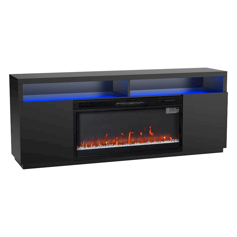 Meuble TV cheminée électrique RGB noir moderne de 68, console pour téléviseurs jusqu’à 72 pouces