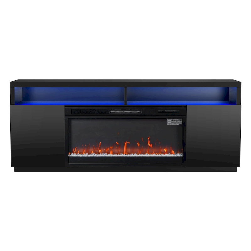 Meuble TV cheminée électrique RGB noir moderne de 68, console pour téléviseurs jusqu’à 72 pouces