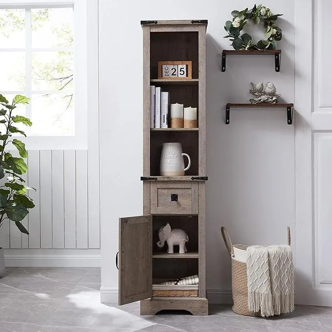 Gabinete de almacenamiento para baño estilo granja, gabinete de almacenamiento, torre alta para ropa de cama