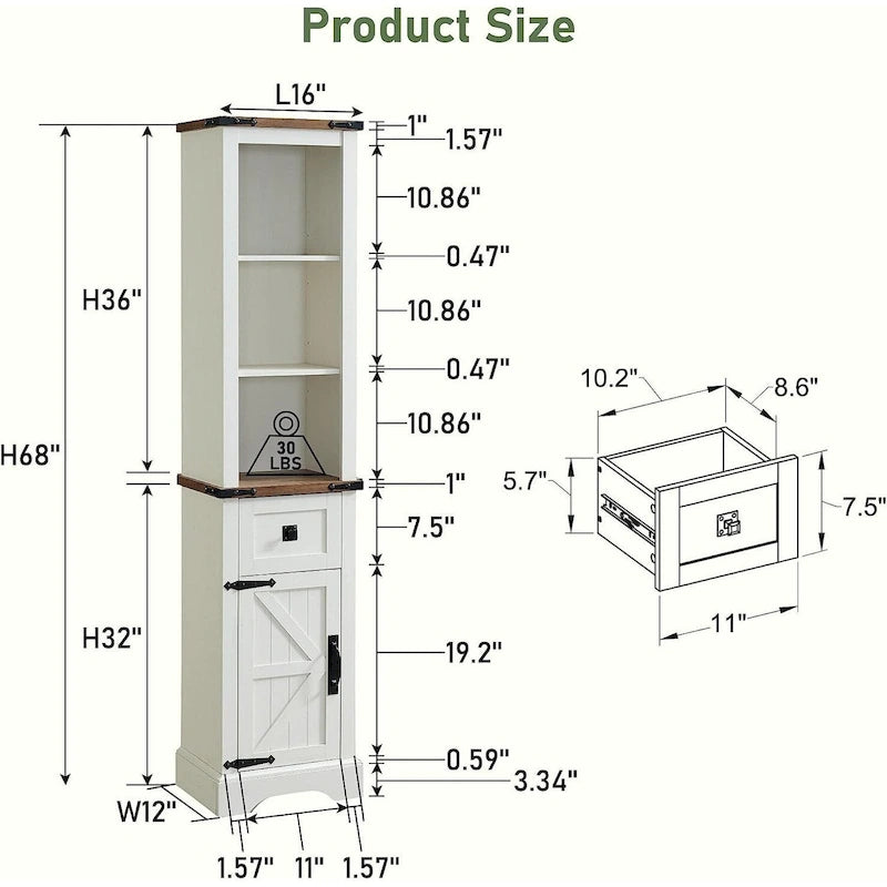 Gabinete de almacenamiento para baño estilo granja, gabinete de almacenamiento, torre alta para ropa de cama