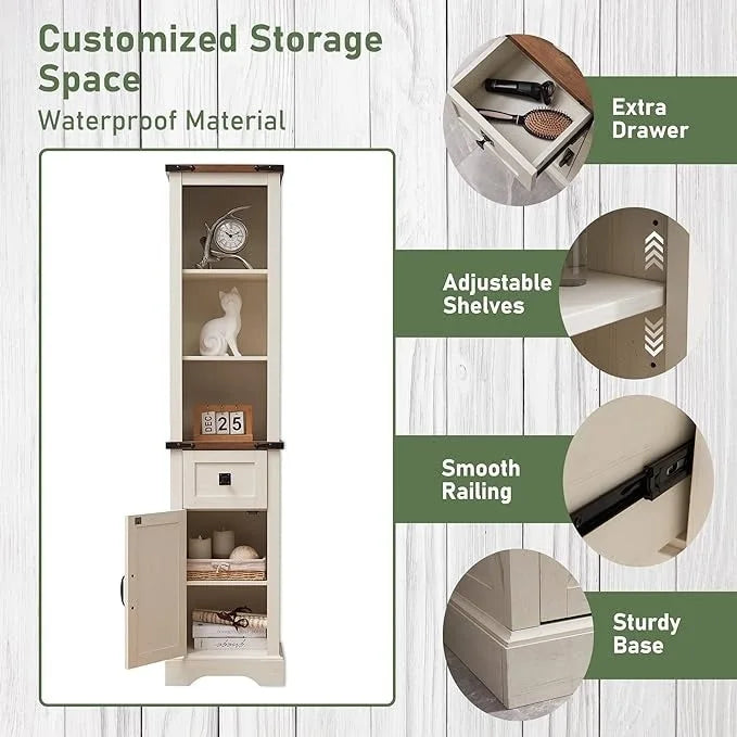 Gabinete de almacenamiento para baño estilo granja, gabinete de almacenamiento, torre alta para ropa de cama