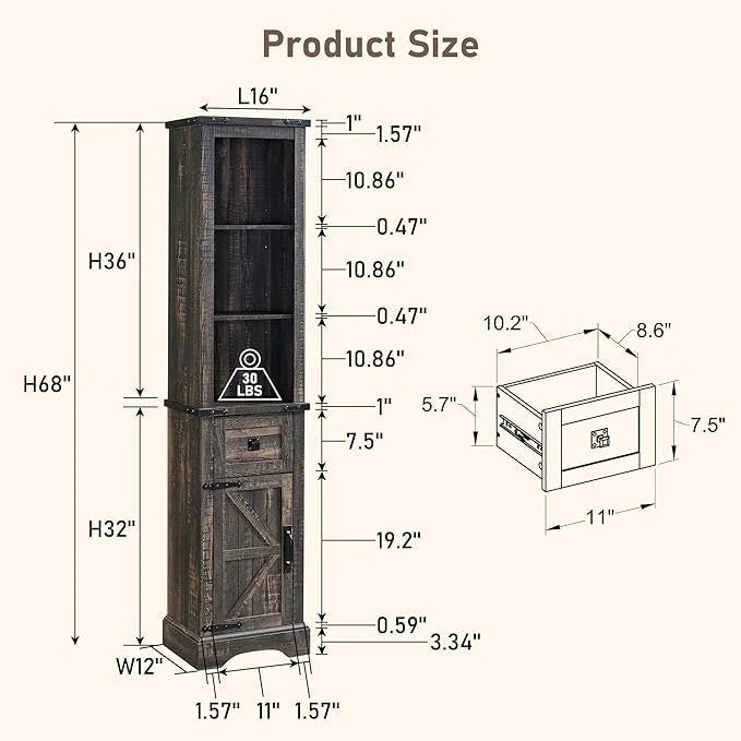 Armário de arrumação para casa de banho de estilo rústico, armário de arrumação, coluna alta para roupa de casa