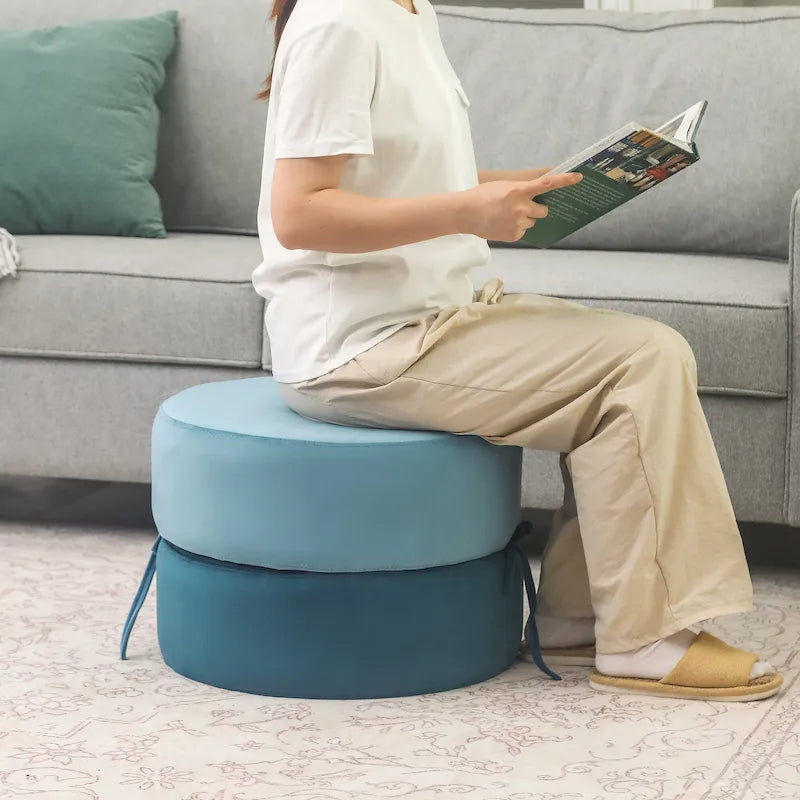 Pouf ottomano rotondo in velluto - doppio strato, convertibile