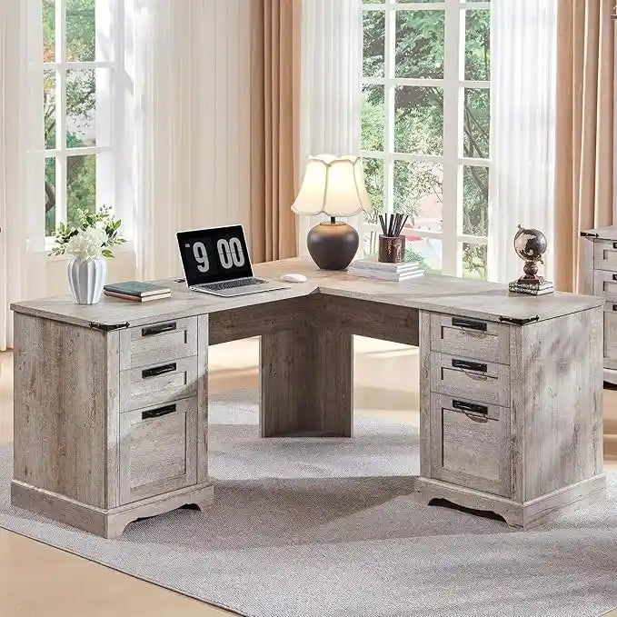 60 L-förmiger Chefschreibtisch im Landhausstil, Eckschreibtisch aus Holz, Computerschreibtisch