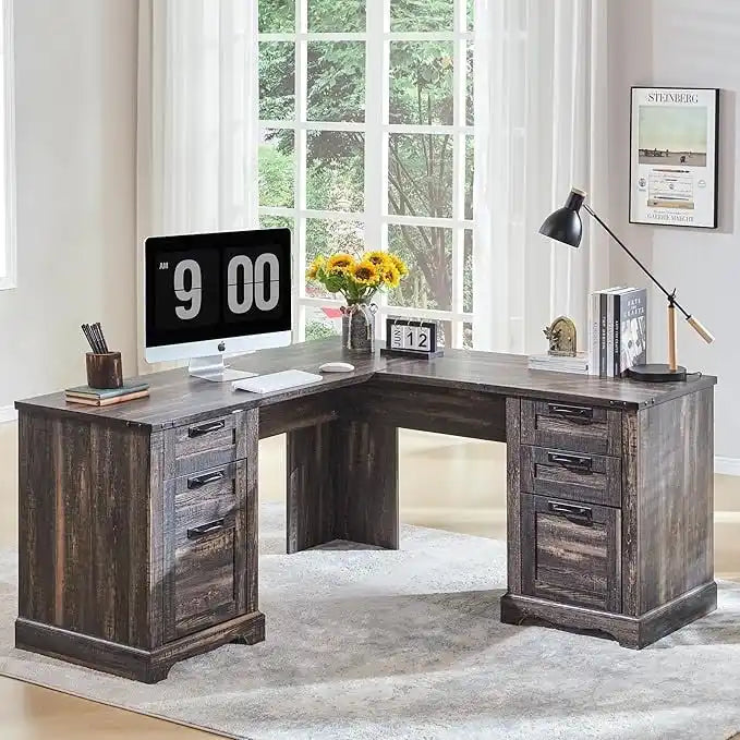 Escritorio ejecutivo en L estilo granja de 60, escritorio esquinero de madera, escritorio para computadora