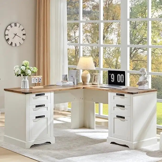 60 L-förmiger Chefschreibtisch im Landhausstil, Eckschreibtisch aus Holz, Computerschreibtisch