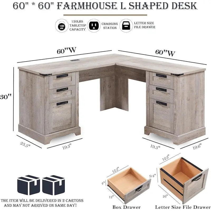 60 L-förmiger Chefschreibtisch im Landhausstil, Eckschreibtisch aus Holz, Computerschreibtisch