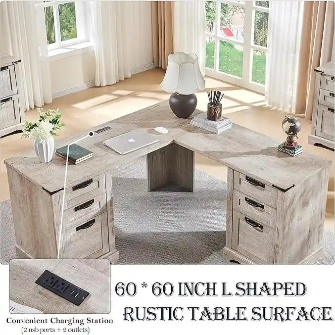 60 L-förmiger Chefschreibtisch im Landhausstil, Eckschreibtisch aus Holz, Computerschreibtisch