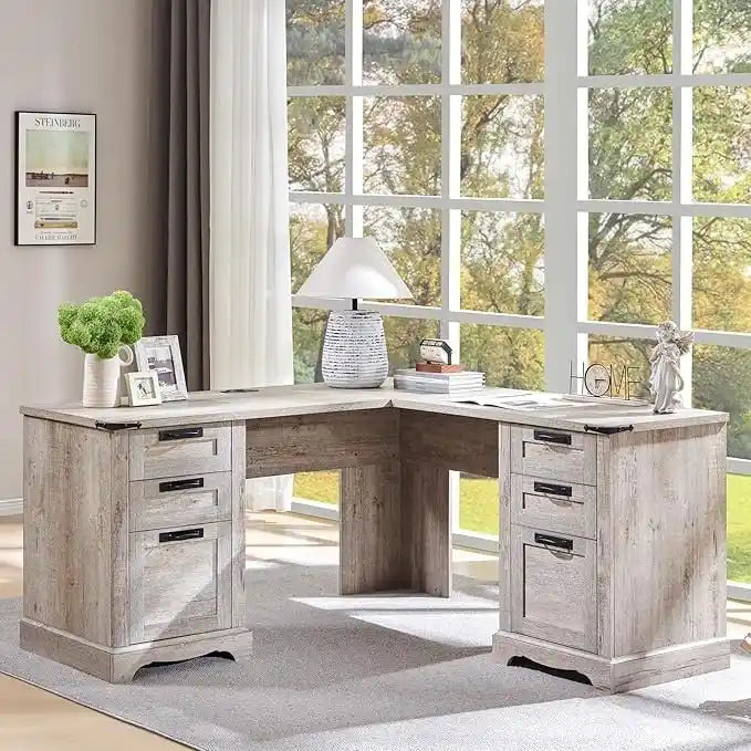 60 L-förmiger Chefschreibtisch im Landhausstil, Eckschreibtisch aus Holz, Computerschreibtisch