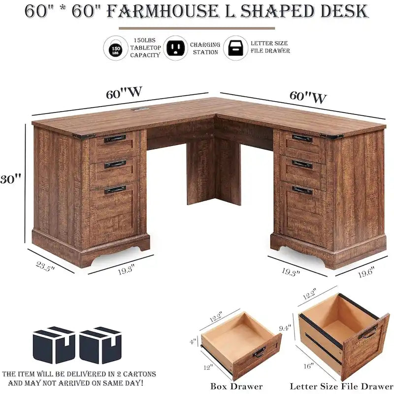 60 L-förmiger Chefschreibtisch im Landhausstil, Eckschreibtisch aus Holz, Computerschreibtisch