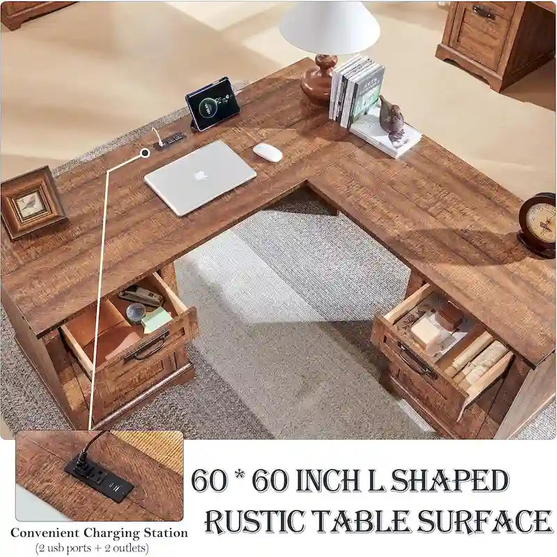 60 L-förmiger Chefschreibtisch im Landhausstil, Eckschreibtisch aus Holz, Computerschreibtisch