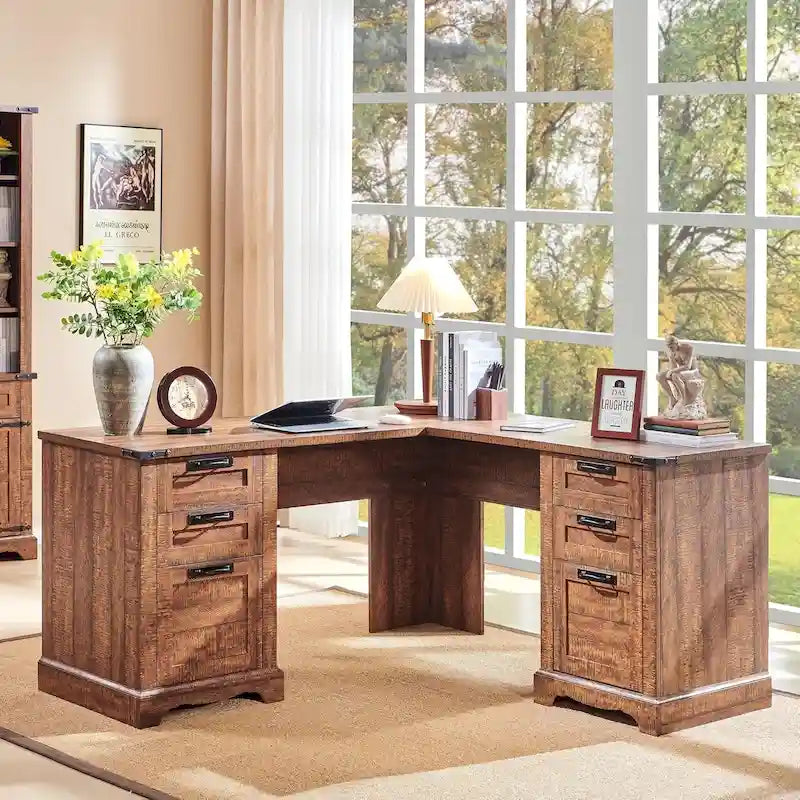 60 L-förmiger Chefschreibtisch im Landhausstil, Eckschreibtisch aus Holz, Computerschreibtisch
