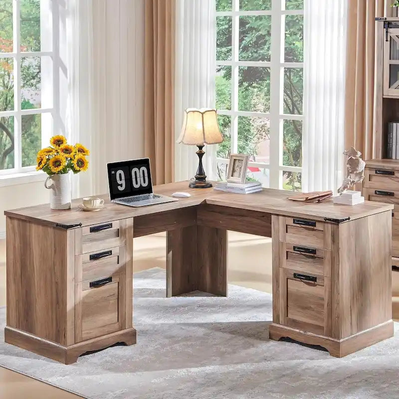 60 L-förmiger Chefschreibtisch im Landhausstil, Eckschreibtisch aus Holz, Computerschreibtisch