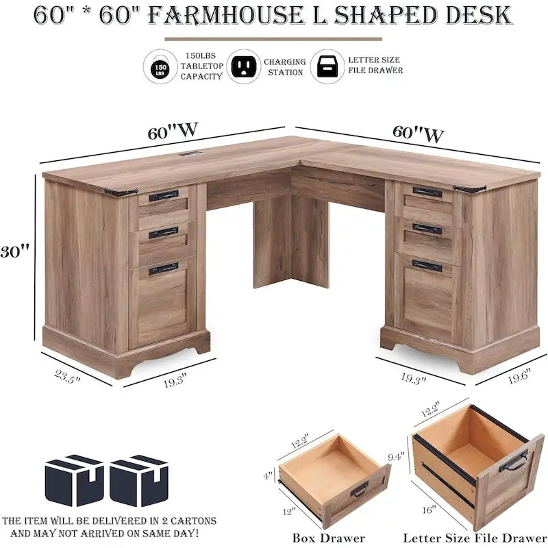 60 L-förmiger Chefschreibtisch im Landhausstil, Eckschreibtisch aus Holz, Computerschreibtisch