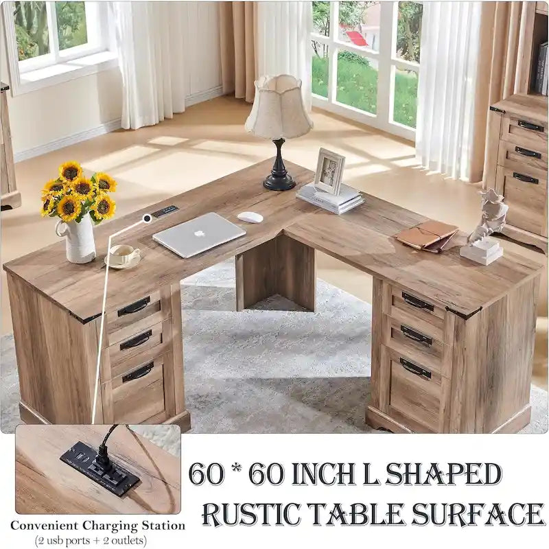 60 L-förmiger Chefschreibtisch im Landhausstil, Eckschreibtisch aus Holz, Computerschreibtisch
