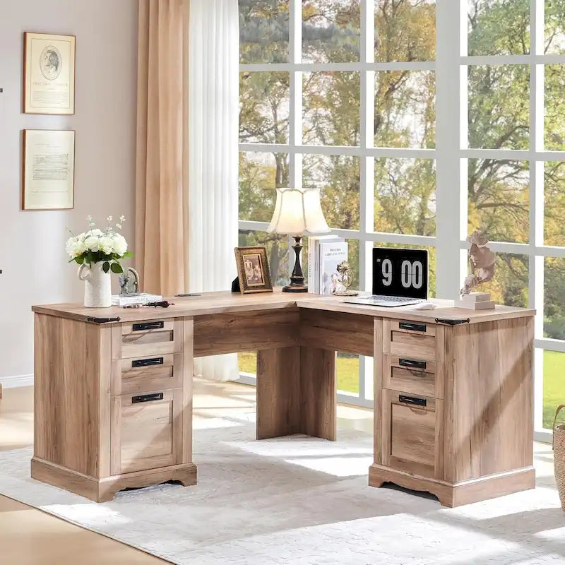 60 L-förmiger Chefschreibtisch im Landhausstil, Eckschreibtisch aus Holz, Computerschreibtisch