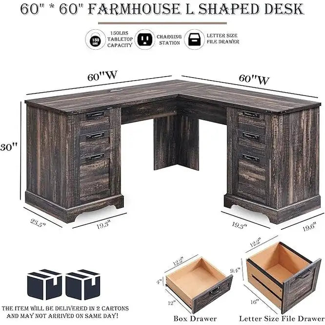 60 L-förmiger Chefschreibtisch im Landhausstil, Eckschreibtisch aus Holz, Computerschreibtisch