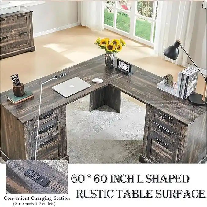 60 L-förmiger Chefschreibtisch im Landhausstil, Eckschreibtisch aus Holz, Computerschreibtisch
