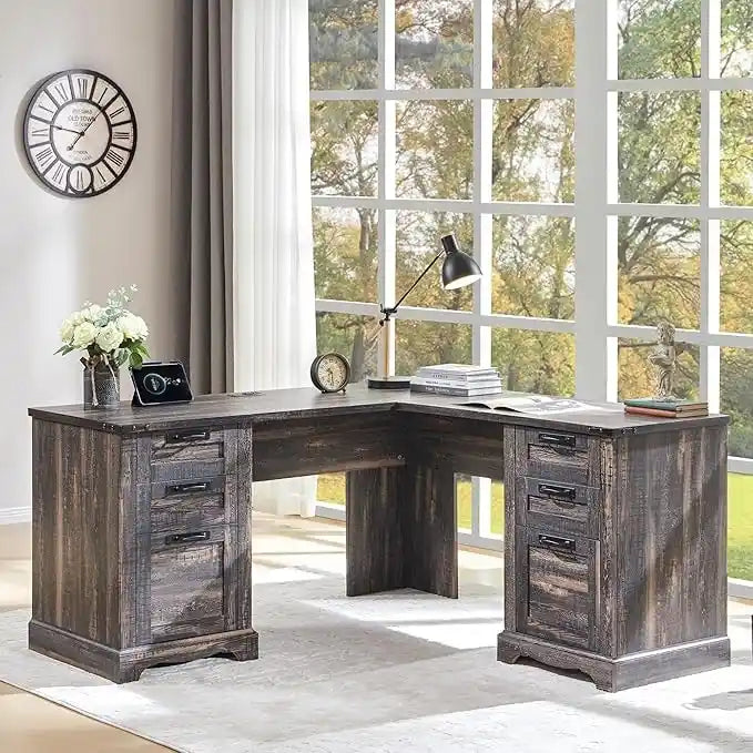 60 L-förmiger Chefschreibtisch im Landhausstil, Eckschreibtisch aus Holz, Computerschreibtisch